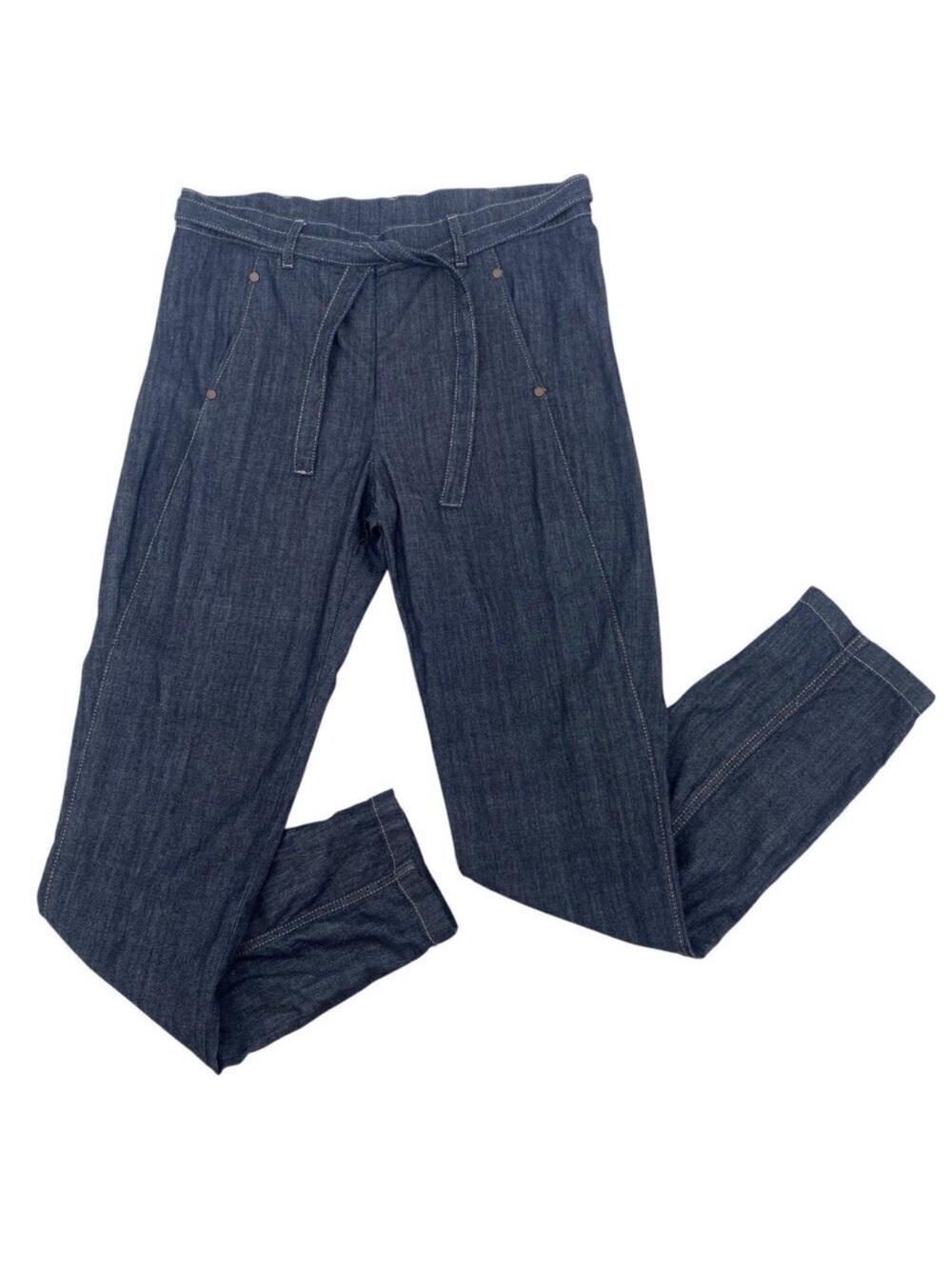 Ania Schierholt Blue Sensual Devotion Chambray Belted Trouser Pants Size 38 / M